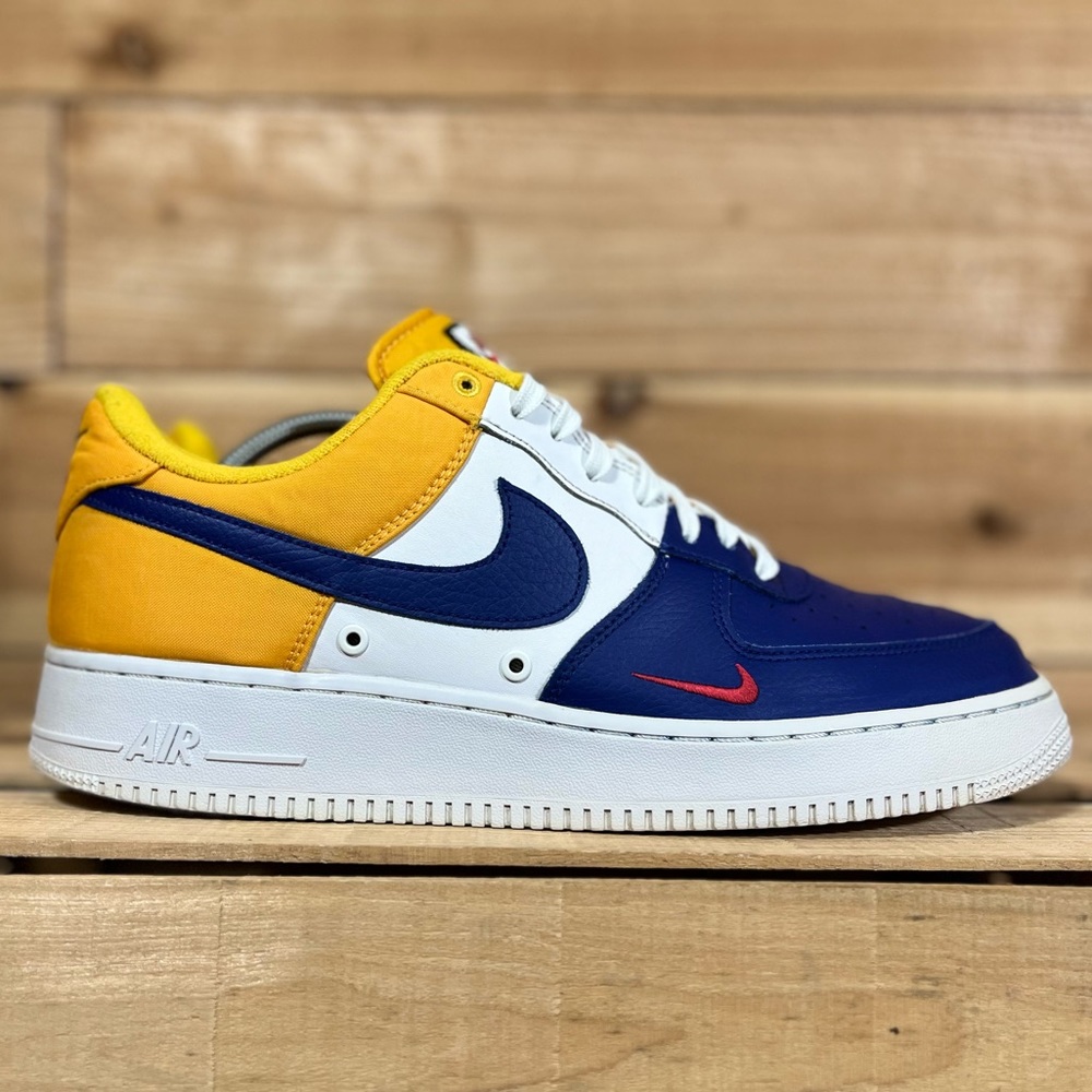 Nike Air Force 1 Low, Mens 12, Barcelona Mini Swoosh Yellow White & Blue